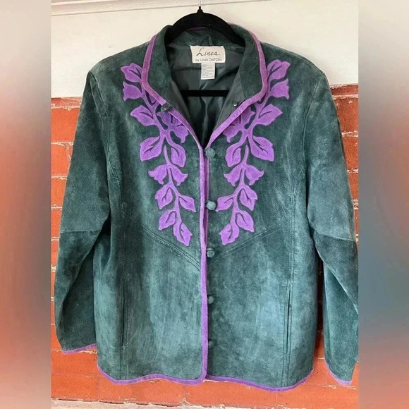 Vintage Jackets & Blazers - Linea by Louis Dell’olio Vintage Green Suede Jacket with Purple Flower Accents